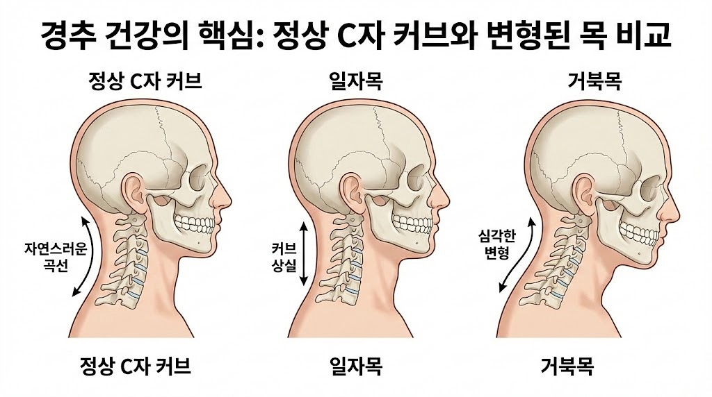 정상 목의 커브와 변형된 목 비교
